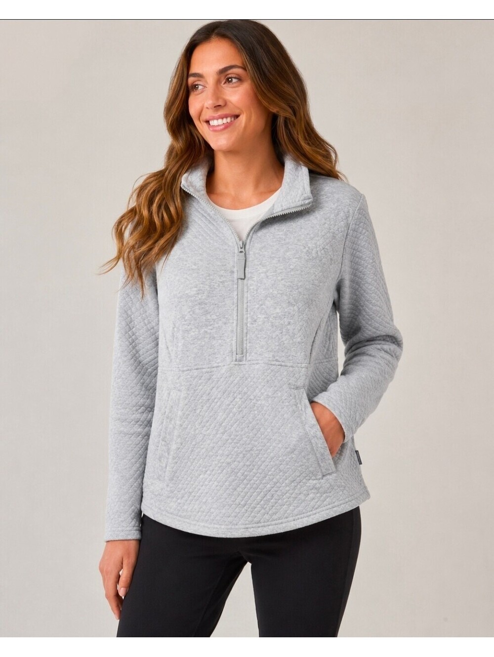 Eddie Bauer Women’s Large Gray Quilted Quarter Zip Pullover Kangaroo Pocket